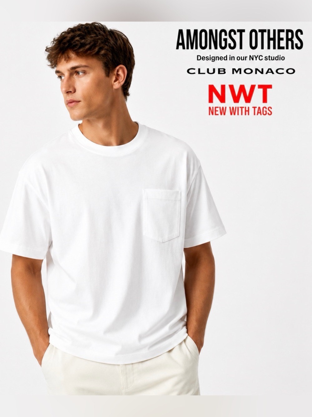 Amongst Others Club Monaco Men's Pocket T Shirt White Boxy Drop Shoulder NWT M